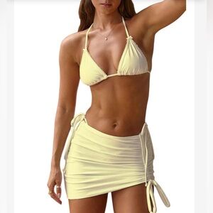 WDIRARA Women's 3 Piece Bow Bikini Set. Halter Triangle Beach Skirt Yellow Med